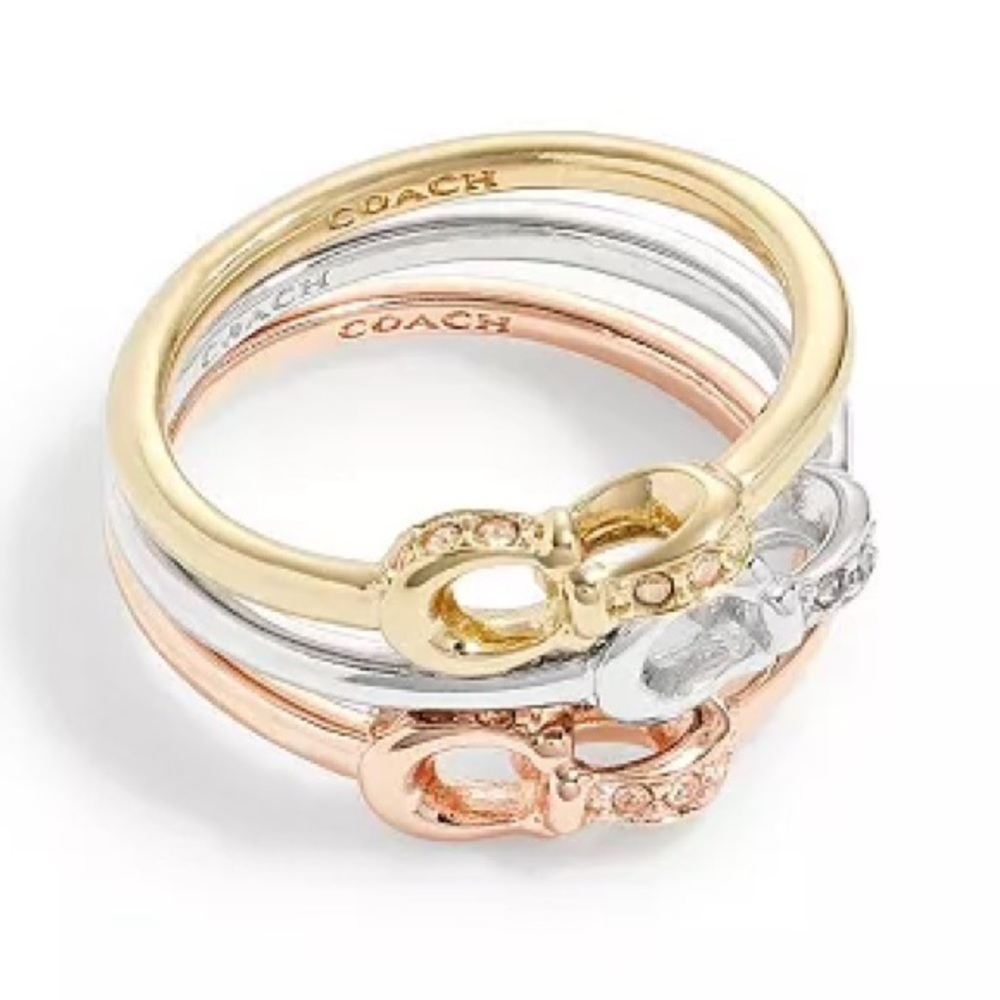 Coach Signature “C” Tri-Tone Polished Pave Ring Set of 3 sz 7